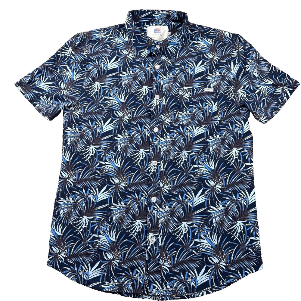 Laguna Blue Hawaiian Men's Button up Short Sleeve Polyester Spandex Shirt Medium